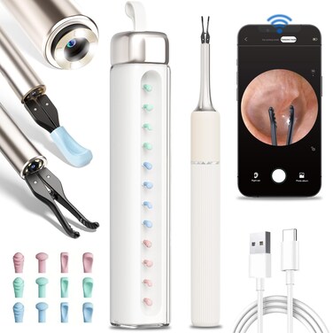 Ear Tweezers with Camera and Real-time Remote Video, 3-in-1 Ear Cleaner Earwax Removal Kit with Ear Pick &amp; Tweezers Mode, 10MP Ear Camera Otoscope with Light, 12 Pcs Ear Scoops for Whole Famil (white)
