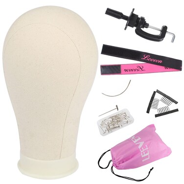Leeven 21"-24" Canvas Block Head for Making Wig Mannequin Head With T Pins and Clamp stand Hair Edge Band for Wig Display, Making,Styling 21 Inch