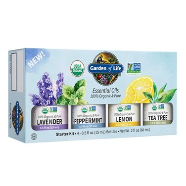 Garden of Life Essential Oils Starter Pack Lavender, Peppermint, Lemon, Tea Tree, 100% USDA Organic &amp; Pure, Non-GMO, for Diffuser, Aromatherapy, 2 Fl Oz