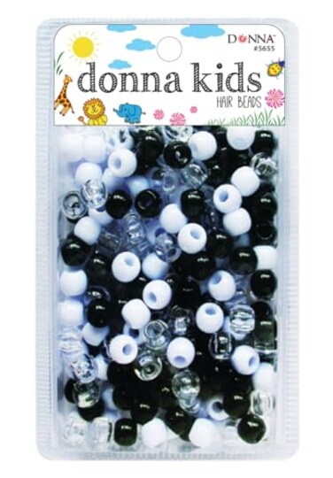 Donna Hair Braiding Kit: 11x10mm Pony Beads, DIY Plastic Beads, Quick Beaders for Kids - BLK/CLR/WHT