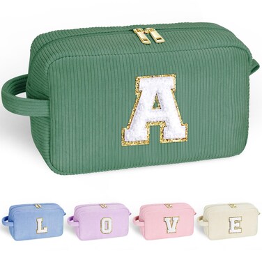 YOOLIFE Travel Makeup Bag Cosmetic Bag - Monogram Initial Cute Make Up Bag Makeup Brush Bag Teen Girl Stuff Personalized Teen Girl Gift Daughter Friend Birthday Gifts for Women Her Girl Green Letter A