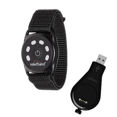 Reliefband Sport Anti-Nausea Wristband for Motion Sickness, Morning Sickness, Travel &amp; Vomiting Relief - IPX7 Waterproof, FDA Cleared Drug-Free, Fast-Acting, Nausea Relief Band (Black + USB Charger)