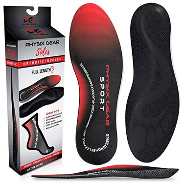 Physix Gear Orthotic Insoles for Men &amp; Women - Arch Support Orthotics Insole, Orthopedic Insoles, Inserts for Men &amp; Women, Foot Insoles for Plantar Fasciitis Comfort, Shoe Insert, Feet, Red/Black, XS