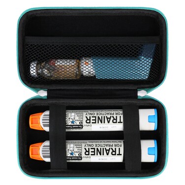 Hard Carrying Case Compatible with 2 EpiPen's or Auvi-Q, Epinephrine Pen, Medical Travel Case with Mesh Pockets for Asthma Inhaler, Eye Drops, Green