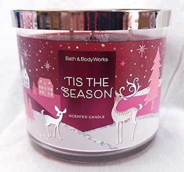 Bath &amp; Body Works 3-Wick Scented Candle w/Essential Oils - 14.5 oz - 'Tis The Season (Rich Red Apple, Sweet Cinnamon, Cedarwood) Label Artwork Varies
