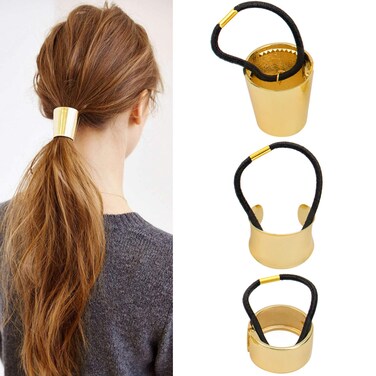 AUEAR, Brushed Metal Expandable Hair Cuff Ponytail Holder Elastic Tie for Women Girls Thick Rings Set (3 Pcs, Style 3)