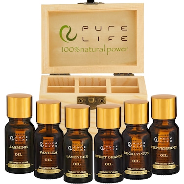 Pure Life Top Essential Oil Set for Diffuser Aromatherapy, 100% Organic Fragrance Oils for Humidifier at Home &amp; Car, Fresh Grade Scents: Lavender, Peppermint, Eucalyptus, Orange, Vanilla &amp; Jasmine.