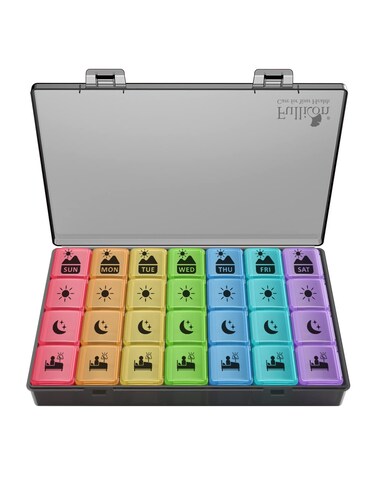 Fullicon Large Weekly Pill Organizer 4 Times a Day,7 Day Pill Box, Portable Medicine Organizer for Supplements Vitamin Pill Case Black