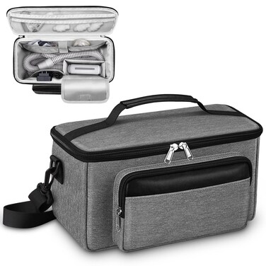 Travel Carrying Bag for ResMed AirMini CPAP Machine and Accessories, Portable CPAP Equipment and Supplies Storage Bag with Shoulder Strap, Organizer Carrying Case with Luggage Strip (Gray)