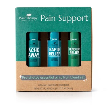Plant Therapy Pain Support Essential Oil Roll On Blend Set 10 mL (1/3 oz) Each of Ache Away, Rapid Relief &amp; Tension Relief, Pure, Pre-Diluted, Essential Oil Blends