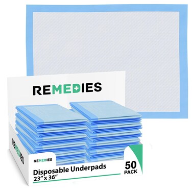Remedies - Bed Pads Disposable Adults, Seniors, Kids &amp; Puppy Pads - 23" x 36" - Large Disposable Underpads - 50 Count, Incontinence Underpads for Beds &amp; Furniture, Dog Pee Pads, Dogs Chucks Pads