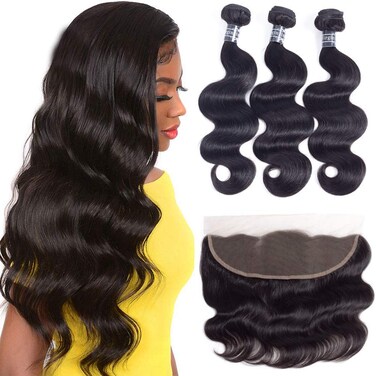 Amella Hair 10A Brazilian Body Wave Frontal (16", 18", 20"+14"13x4 Frontal) with Ear to Ear Lace Frontal Closure, Free Part, Brazilian Body Wave, Natural Black Color
