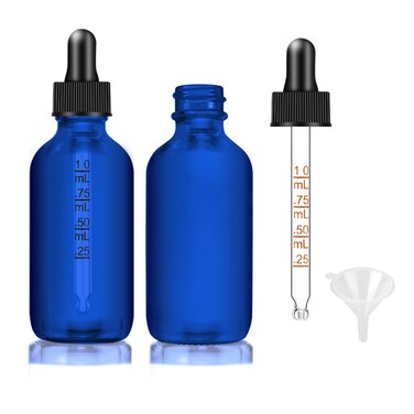 Dropper Bottle 2 oz, 2 pack Blue Glass Eye Dropper Bottles with Labels and Funnel, Leakproof Tincture Bottles with Measured Dropper