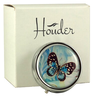 Designer Pill Box by Houder - Decorative Pill Case with Gift Box - Carry Your Meds in Style (Blue Butterfly)