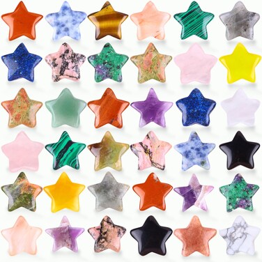 48PCS Bulk 0.8inch Star Shaped Crystal Stones Assorted Mini Star Worry Stone Polished Pocket Palm Star Gemstones Christmas Gifts Meditation Balancing DIY and Home Decor