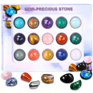 15Pcs Natural Gemston Sphere Balls 0.63 Inch Polished Crystal Sphere Bulk Witch Ball Stones Rock Collection Set Gemstone Sphere Pocket Palm Crystal for Kids DIY Jewelry Reiki Balancing