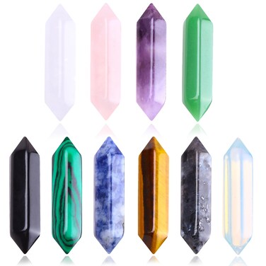 10Pcs Natural Healing Crystal Stoness Set Hexagonal Bullet Shaped Crystal Gemstone Wand Set Real Amethyst Rose Quartz Gems for Healing and Meditation Yoga