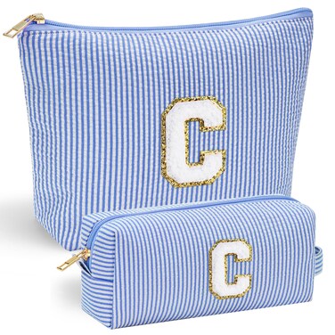 YOOLIFE Cute Makeup Bag for Girls Women - Personalized Initial Blue Makeup Pouch for Girlfriend Bridesmaid Wife   Cosmetic Travel Toiletry Bag for Her Mom   Birthday Preppy Stuff C