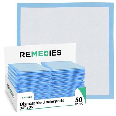 Remedies - Bed Pads Disposable Adults, Seniors, Kids &amp; Puppy Pads - 36" x 36" - Large Disposable Underpads - 50 Count, Incontinence Underpads for Beds &amp; Furniture, Dog Pee Pads, Dogs Chucks Pads