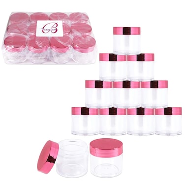 Beauticom 1 oz. USA Acrylic Round Clear Jars with Flat Top Lids for Creams, Lotion, Make Up, Cosmetics, Samples, Herbs, Ointment (12 Pieces Jars + Lids, ROSE GOLD)