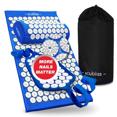 Acupressure Mat, Strap &amp; Pillow 3 Piece Gift Set, 12,348 Acupuncture Pressure Points for Back Pain Relief, Increased Energy, Relaxation, FSA/HSA Eligible, Drawstring Bag, Deep Blue