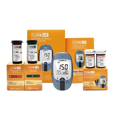 Home Blood Cholesterol Test Kit - CURO L5 Digital Meter - (10 Total Cholesterol Strips &amp; 10 Triglycerides Test Strips and 50 Glucose Test Strips Included)