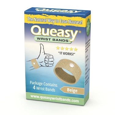 Three Lollies Queasy Wrist Bands - Natural Non-Drowsy Nausea Relief &amp; Sickness Prevention - Travel &amp; Motion Sickness Bands - Relief from Nausea - Beige - 2 ct (4 Wristbands)