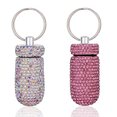 GOUWEIBA 2 Pieces Bling Pill Container Portable Pill Bottle Case Waterproof Travel Medicine Box Crystal Diamond Mini Pill Holder Storage with Keychain for Outdoor Camping Traveling (Pink, Silver)
