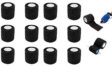DGT 12Pcs Tattoo Adhesive Bandage Elastic Grips Cover Wraps 2 Inch width 5 yards Long Color Black