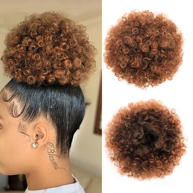 Yinmei Baibian Ombre Brown Kinky Curly Ponytail Hair Afro Puffs Drawstring Ponytails Synthetic Short Bun Extensions Hairpieces Updo Hair for Women Girls(1B/30#)