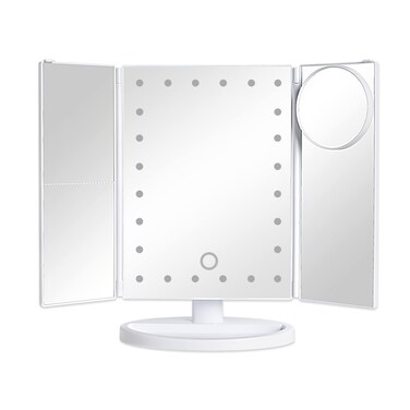 Tri-fold Vanity Mirror Light with 10x Magnetic Small Lens, 1X/2X/3X Magnification, Touch Control, Foldable, Dual Power Supply, Detachable LED Vanity Mirror, Travel Portable, Gift for Women