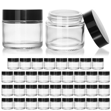 KEYWING 2oz Small Glass Jars with Black Lids, 35 Pack Clear Round Glass Cosmetic Jars with Inner Liners for Lotions, Powders and Ointments