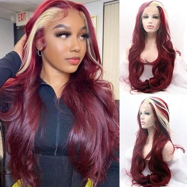 Xiweiya Wigs Highlight Blonde White Synthetic Lace Front Wig Wine Red Color Wig for Fashion Women Long Body Wave 13*3 Lace Wig with Heat Resistant Fiber Glueless Wigs for Halloween Cosplay Wigs (red)