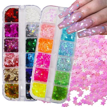 24 Colors Star Chunky Glitter Flakes Holographic Mylar Stars Shapes Glitters Confetti Nail Sequins for Acrylic Nails Crafts Resin Makeup. (Star)