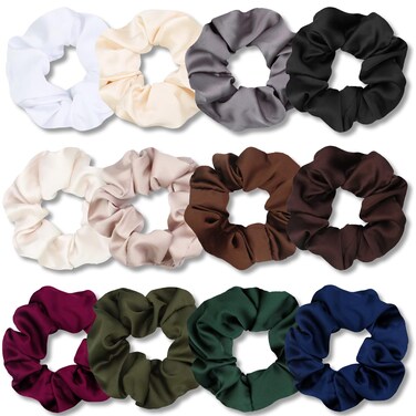 IVARYSS Scrunchies for Hair Sleep, Premium Satin Soft Than Silk for Women Curly Hair, Cute Bands Ties for Girls Thin   Thick Hair Styling, 12 Pack, Dark