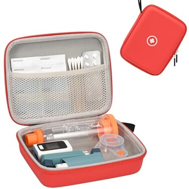 Hard Travel Case for Asthma Inhaler, Inhaler Spacer Case for Kids and Adults, Masks, Asthma Accessories Case with Mesh Pocket for Medicine and Other Accessories, Red (Case Only)