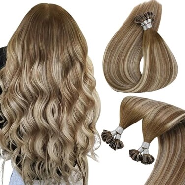 Sunny Hair U Tip Hair Extensions Human Hair Balayage Blonde Utip Hair Extensions Human Hair Balayage Medium Brown to Platinum Blonde K Tips Hair Extesnsions for Women 20inch 50g