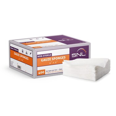 SNL Quality 'Non-Sterile' Latex Free Gauze Sponge Pads - 8 Ply - 4" X 4" - Box of 400 (2X 200 Packs Inside)