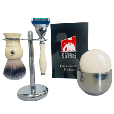 G.B.S Ultimate Wet Shaving kit for Men- 5 Blade Compatible Razor, 5 Blade, Badger Brush, Stainless Steel Shaving Bowl and Dual Stand for Razor and Shaving Brush, Ivory