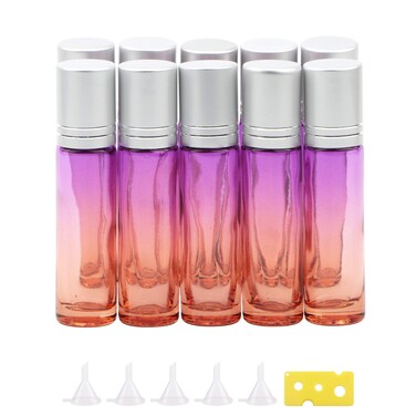 10Pcs Glass Rolling Bottles Set, 10ml (1/3oz) Purple Orange Gradient Roller Bottles with Funnels Opener, Glass Rollon Bottles Vials for Essential Oil Aromatherapy Perfume Liquid Massage