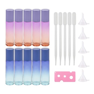 10ml Roll On Bottle Set,10Pcs Gradient Glass Rolling Bottles with 5 Funnels, 5 Droppers, 1 Opener, Roller Bottles Vials for Essential Oil Perfume Lip Balms, 21Pack Purple Orange &amp; Blue