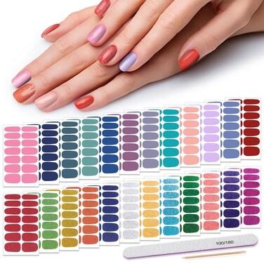 Nail Polish Strips Solid Color, DANNEASY 24 Sheets Adhesive Nail Polish Stickers Nail Wraps for Women 1Pc Nail File, Cuticle Stick