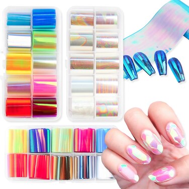 DANNEASY Glass Foil Nail Stickers, 20 Rolls Glass Fragments Paper and 10 Rolls Nail Foils Transfer Aurora Laser Design DIY&amp;Salon Manicure Accessories