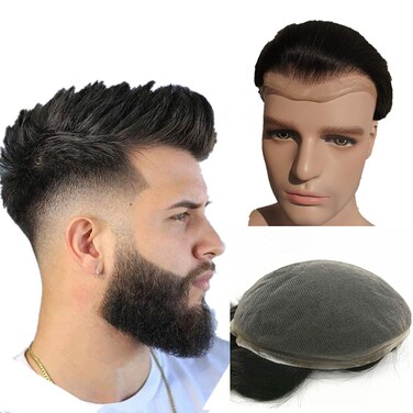 NLW human hair toupee for men with HD Soft fine Swiss lace 10x8" base prosthesis mens patch units implant Straight hair pieces hair replacement system for man #1b Off black