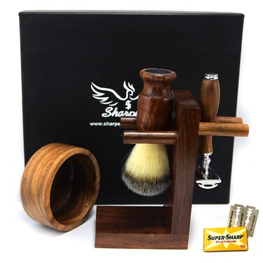 Grooming Shaving Set For Men, Double-sided Safety Razor, Pure synthetic Hair Brush wood Handle, Wood Shaving Bowl And Shaving Stand Kit, Best Gift For Gentleman