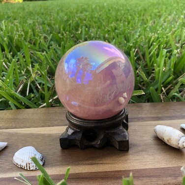 Angel Aura Rose Quartz Sphere. Large Healing Metaphysical Crystal with Handmade Wooden Base. Home Decor Crystals Meditation Reiki, Wicca