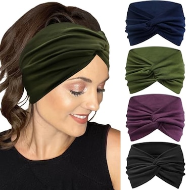 IVARYSS Extra Wide Headbands for Women Non-Slip, 7'' Large Twist Knotted Stretchy Wraps Head Bands Hair Accessories, 4 Pack, Solid Color