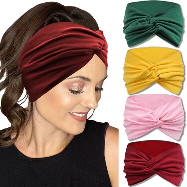 IVARYSS Extra Wide Headbands for Women Non-Slip, 7'' Large Twist Knotted Stretchy Wraps Head Bands Hair Accessories, 4 Pack, Bright Color