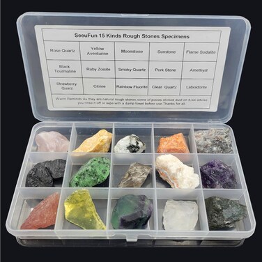 Rock &amp; Mineral Collection Kit for Adults and Kids Natural Rocks for Tumbling Polishing Gemstone Raw Crystals Rough Stones for Wicca &amp; Reiki (15Pcs)