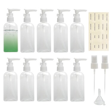10pcs Travel Dispenser Bottle, 3.4oz Clear Small Dispenser Pump Bottle, Plastic Lotion Bottle with Pump &amp; 2pcs Mist Sprayer &amp; Small Funnel &amp; Label for Soap/Shampoo/Conditioner/Body Wash